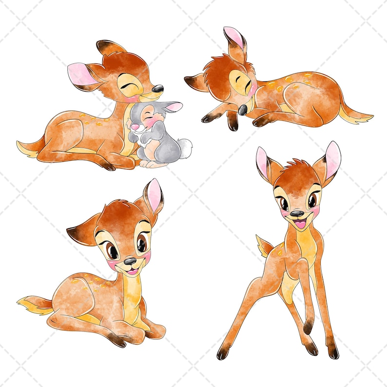 Bambi Clipart PNG Bundle, Watercolor Hand Drawn Illustrations, Digital ...