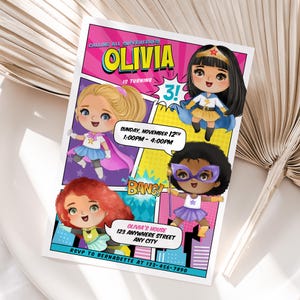 Convite de aniversário personalizado para menina super-heroína | Convite para festa de super-heroína para imprimir | Fácil de imprimir e compartilhar online | Entrega rápida