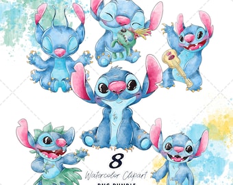 Stitch Clipart PNG Bundle, Watercolor Hand Drawn Illustrations, Digital Download