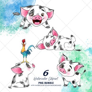 Pua und Hei Hei Clipart PNG Bundle, Aquarell handgezeichnete Illustrationen, digitaler Download, Moana