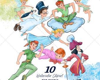 Peter Pan Clipart PNG Bundle, Watercolor Hand Drawn Illustrations, Digital Download