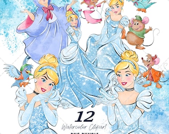 Cinderella Clipart PNG Bundle, Watercolor Hand Drawn Illustrations, Digital Download