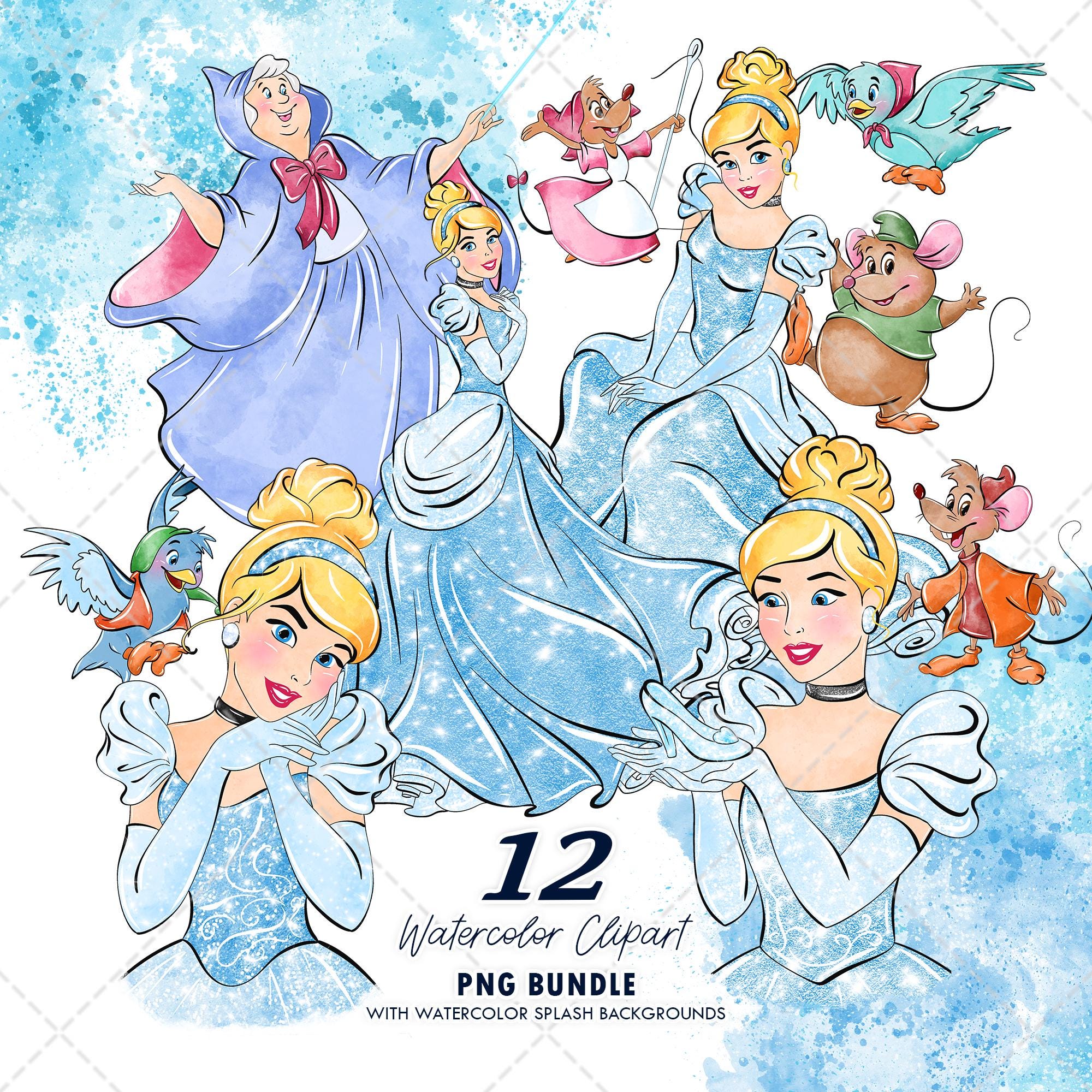 Cinderella Clipart PNG Bundle, Watercolor Hand Drawn Illustrations ...