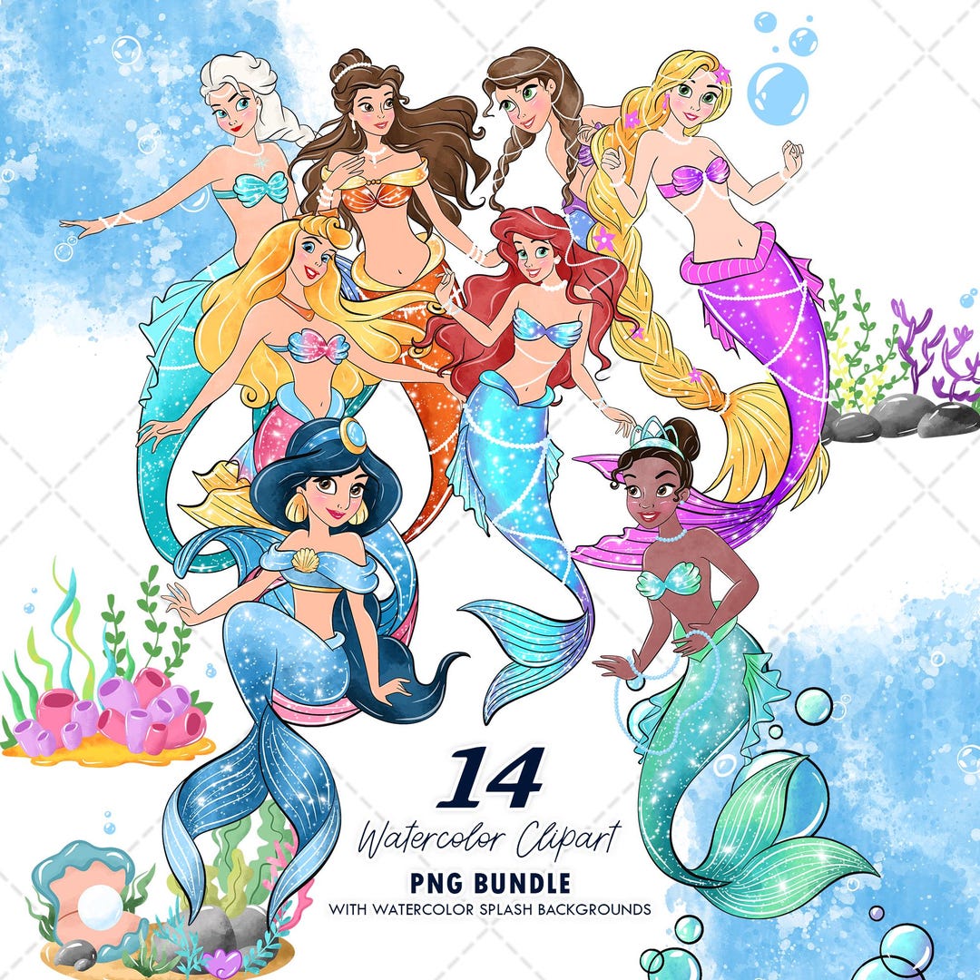 Mermaid Princess Clipart PNG Bundle, Watercolor Hand Drawn ...