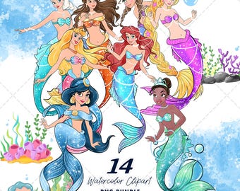 Mermaid Princess Clipart PNG Bundle, Watercolor Hand Drawn Illustrations, Digital Download