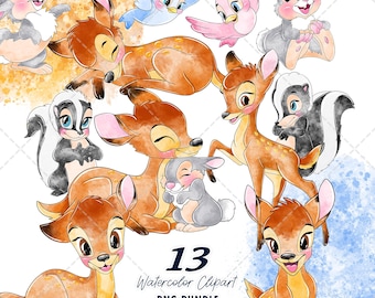 Bambi Clipart PNG Bundle, Watercolor Hand Drawn Illustrations, Digital Download