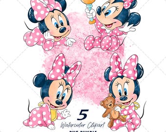 Baby Minnie Clipart PNG Bundle, Watercolor Hand Drawn Illustrations, Digital Download