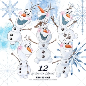 May include: A collection of watercolour clipart featuring the snowman Olaf from the film Frozen. The image shows multiple Olaf figures with smiling faces, carrot noses, and twig arms. The text "12 Watercolor Clipart PNG Bundle" is also included.
