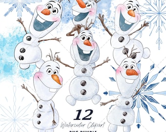 Olaf Clipart PNG Bundle, Watercolor Hand Drawn Illustrations, Digital Download, Frozen