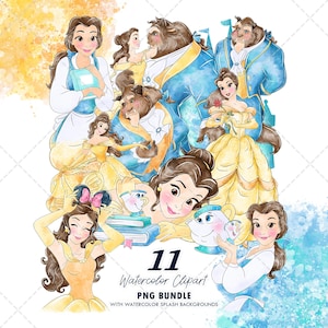 Puede incluir: Paquete de imágenes prediseñadas de acuarela con Bella y la Bestia de La Bella y la Bestia. La imagen incluye múltiples ilustraciones de Bella con un vestido amarillo y la Bestia con un traje azul. También se incluye el texto "11 Watercolor Clipart PNG Bundle".