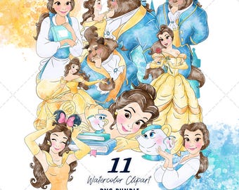 Belle Clipart PNG Bundle, Watercolor Hand Drawn Illustrations, Digital Download, Beauty and the Beast