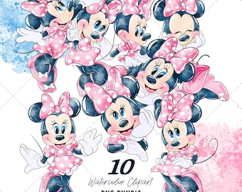 Minnie Mouse Clipart PNG Bundle, Watercolor Hand Drawn Illustrations, Digital Download