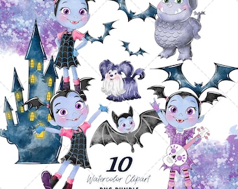 Vampirina Clipart PNG Bundle, Watercolor Hand Drawn Illustrations, Digital Download