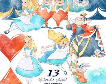 Alice in Wonderland Clipart PNG Bundle, Watercolor Hand Drawn Illustrations, Digital Download