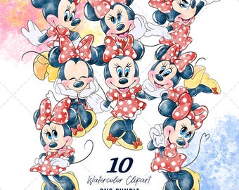 Minnie Mouse Clipart PNG Bundle, Watercolor Hand Drawn Illustrations, Digital Download