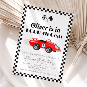 Gepersonaliseerde 4e verjaardagsuitnodiging raceauto | Afdrukbare uitnodiging voor feest vierde versnelling | Eenvoudig afdrukken en delen | Snelle levering