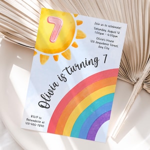 Gepersonaliseerde 7e regenboogverjaardagsuitnodiging | Afdrukbare zevende aquarel regenboogfeestuitnodiging | Eenvoudig afdrukken en delen | Snelle levering