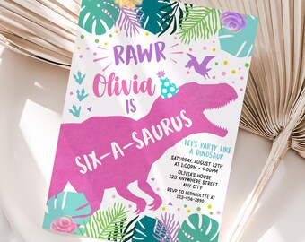 Dinosaur 6th Birthday Invitation – Personalized Kids Party Invite – 5x7 or 4x6 JPG/PDF Digital Download