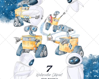 Wall-E Clipart PNG Bundle, Watercolor Hand Drawn Illustrations, Digital Download