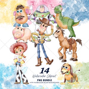 Puede incluir: Ilustración en acuarela de personajes de Toy Story, incluyendo a Woody, Buzz Lightyear, Rex, Jessie, Sr. Potato, Hamm, Bullseye y Slinky Dog. La imagen tiene un fondo de salpicaduras de acuarela y el texto "14 Watercolor Clipart PNG Bundle".