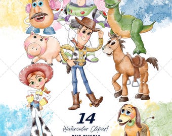 Toy Story Clipart PNG Bundle, Watercolor Hand Drawn Illustrations, Digital Download