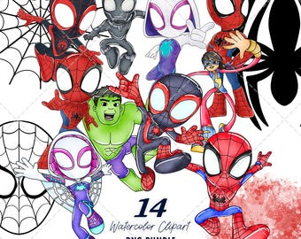 Spidey and His Amazing Friends Clipart PNG Bundle, Watercolor Hand Drawn Illustrations, Digital Download