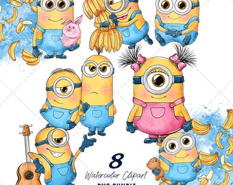 Minions Clipart PNG Bundle, Watercolor Hand Drawn Illustrations, Digital Download