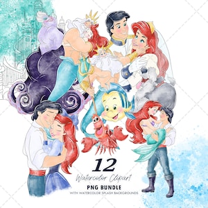 May include: A watercolour clipart bundle featuring characters from a popular animated film. The image includes illustrations of a mermaid, a prince, and other characters. The text "12 Watercolor Clipart PNG Bundle" is also included.
