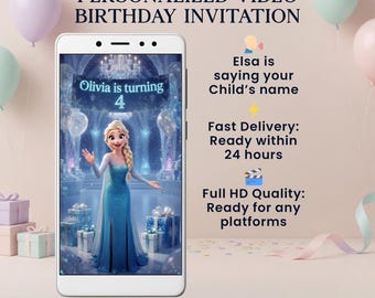 Gepersonaliseerde Elsa-verjaardagsvideo-uitnodiging, Frozen-feestuitnodiging (digitaal)