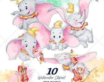 Dumbo Clipart PNG Bundle, Watercolor Hand Drawn Illustrations, Digital Download