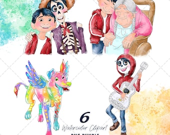 Coco Clipart PNG Bundle, Watercolor Hand Drawn Illustrations, Digital Download