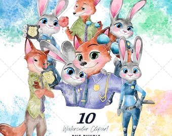 Zootopia Clipart PNG Bundle, Watercolor Hand Drawn Illustrations, Digital Download
