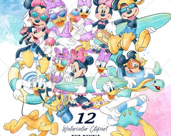 Mickey and Friends Summer Clipart PNG Bundle, Watercolor Hand Drawn Illustrations, Digital Download