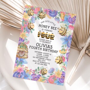 Invitation personnalisée d'anniversaire d'abeille | Invitation fête Quatrième abeille imprimable | Facile à imprimer et à partager | Livraison rapide