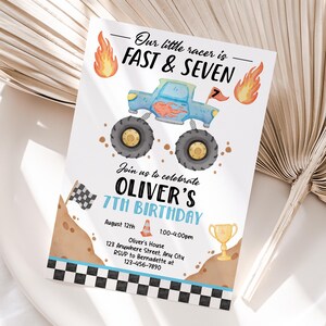 Gepersonaliseerde 7e verjaardag Monster Truck | Afdrukbare Monster Truck Seventh Party-uitnodiging | Eenvoudig afdrukken en delen | Snelle levering
