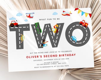 Transportation 2nd Birthday Invitation – Kids Vehicle Party (Digital Download)