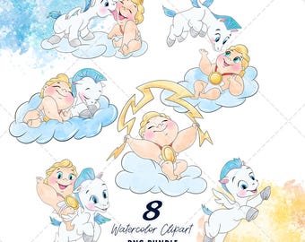 Baby Hercules Clipart PNG Bundle, Watercolor Hand Drawn Illustrations, Digital Download