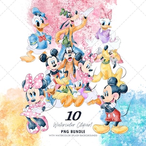Mickey und Freunde Clipart PNG Bundle, Aquarell handgezeichnete Illustrationen, digitaler Download