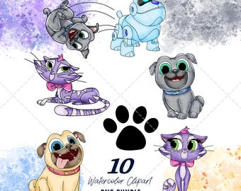 Puppy Dog Pals Clipart PNG Bundle, Watercolor Hand Drawn Illustrations, Digital Download
