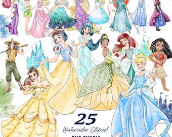 Princess Clipart PNG Bundle, Watercolor Hand Drawn Illustrations, Digital Download