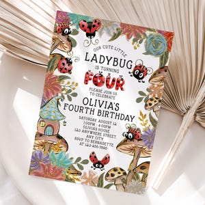 Invitation personnalisée d'anniversaire de coccinelle | Quatrième invitation fête coccinelle imprimable | Facile à imprimer et à partager | Livraison rapide