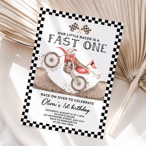 Gepersonaliseerde crossmotor 1e verjaardagsuitnodiging | Afdrukbare uitnodiging eerste feest crossmotor | Gemakkelijk af te drukken en te delen