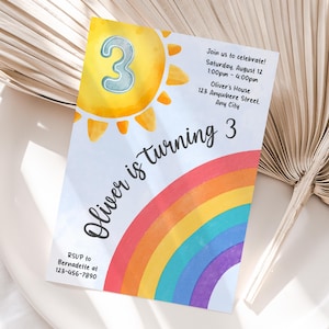 Gepersonaliseerde 3e regenboogverjaardagsuitnodiging | Afdrukbare derde aquarel regenboogfeestuitnodiging | Eenvoudig afdrukken en delen | Snelle levering
