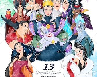 Villains Clipart PNG Bundle, Watercolor Hand Drawn Illustrations, Digital Download