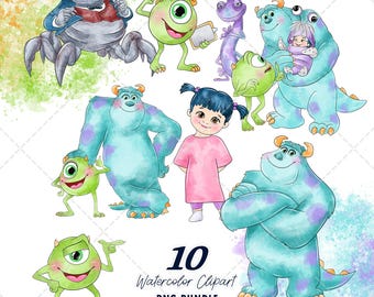 Monster Inc Clipart PNG Bundle, Watercolor Hand Drawn Illustrations, Digital Download