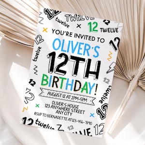Personalized Boy 12th Birthday Invitation | Printable Boy 12th Party Invite | Easy to Print & Share | Fast Delivery
