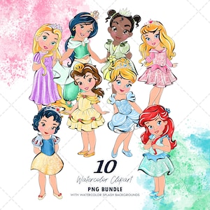 ベビープリンセスのクリップアートPNGバンドル、水彩手描きイラスト、デジタルダウンロード