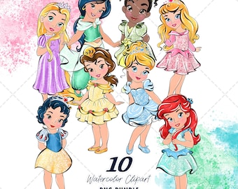 Baby Princess Clipart PNG Bundle, Watercolor Hand Drawn Illustrations, Digital Download