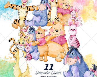 Winnie the Pooh Clipart PNG Bundle, Watercolor Hand Drawn Illustrations, Digital Download