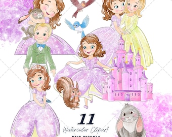 Sofia the First Clipart PNG Bundle, Watercolor Hand Drawn Illustrations, Digital Download